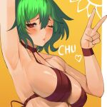  1girl arm_behind_head arm_up armpits bangs bikini blush breasts cleavage collarbone covered_nipples english_commentary eyelashes furrowed_brow green_hair hair_between_eyes heart heart-shaped_pupils kazami_yuuka large_breasts looking_at_viewer navel one_eye_closed pout red_eyes shiny shiny_skin short_hair solo string_bikini swimsuit symbol-shaped_pupils tomatolover16 touhou v yellow_background 