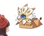  1girl bangs beanie blush_stickers box brown_hair commentary hat in_box in_container korean_text pokemon pokemon_(creature) pokemon_(game) pokemon_sm red_headwear selene_(pokemon) shirt short_hair simple_background solgaleo ssalbulre translation_request white_background yellow_shirt 