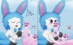  absurd_res blush cloudeon cloudeon_(character) digital_media_(artwork) duo eeveelution espeon feet feral foot_fetish foot_play footjob fur generation_2_pokemon hi_res hindpaw male male/male mammal nintendo open_mouth pawpads paws pok&eacute;mon pok&eacute;mon_(species) ribbons sex simple_background smile sylveon text toes tongue tongue_out video_games white_body 