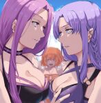  2girls 3girls ahoge annoyed bikini blue_eyes blue_hair braid breast_grab breasts closed_mouth collar command_spell eye_contact facial_mark fate/grand_order fate/stay_night fate_(series) forehead_mark frown fujimaru_ritsuka_(female) fujimaru_ritsuka_(female)_(brilliant_summer) grabbing groping hair_ornament hair_scrunchie highres large_breasts long_hair looking_at_another medea_(fate) medusa_(fate) medusa_(rider)_(fate) multiple_girls nikumaki43 o-ring o-ring_bikini official_alternate_costume one_side_up orange_bikini orange_eyes orange_hair orange_scrunchie pointy_ears purple_eyes purple_hair scrunchie side_braid side_ponytail square_pupils striped striped_bikini swimsuit upper_body v-shaped_eyebrows very_long_hair 