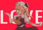  1girl ;d ascot bangs blonde_hair collar commentary crystal flandre_scarlet frilled_collar frills hair_between_eyes hat highres majime_joe mob_cap one_eye_closed one_side_up open_mouth puffy_short_sleeves puffy_sleeves red_background red_eyes red_nails red_skirt red_vest short_sleeves sidelocks skirt smile solo symbol-only_commentary touhou vest white_headwear wings wrist_cuffs yellow_ascot 