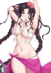  1girl absurdres armpits arms_up bead_necklace beads bikini black_hair braid breasts chest_tattoo facial_mark fate/grand_order fate_(series) flower forehead_mark hair_flower hair_ornament highres jewelry large_breasts long_hair mergerri multicolored_hair navel necklace parted_lips pink_flower pink_hair sarong sesshouin_kiara sesshouin_kiara_(swimsuit_mooncancer)_(first_ascension) shell shell_necklace simple_background solo stomach streaked_hair swimsuit tattoo thighs twin_braids very_long_hair white_background wide_hips yellow_eyes 