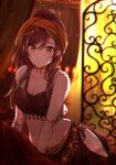  1girl armlet bandana bangs breasts brown_eyes brown_hair cleavage collarbone groin hair_between_eyes harem_outfit highres idolmaster idolmaster_shiny_colors kusaka_io long_hair medium_breasts midriff osaki_amana red_bandana solo stomach 