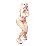  1girl animal_costume animal_hood atalanta_(last_origin) bear_hood bear_slippers blush bra braid breasts cleavage collarbone embarrassed full_body game_cg green_eyes heart highres hood hood_up kakiman large_breasts last_origin legs_together looking_at_viewer naked_shirt official_alternate_costume official_art purple_hair shirt short_shorts shorts simple_background slippers solo tachi-e thighs transparent_background underwear white_bra white_shorts 
