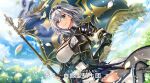  1girl arm_guards armor blue_sky braid breasts buru-dai cleavage cloud commentary_request dutch_angle fingerless_gloves flag gloves green_eyes grey_hair hairband hololive large_breasts leaf mace pelvic_curtain shirogane_noel shoulder_armor sky smile solo translation_request tree upper_body virtual_youtuber weapon 