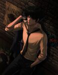 1girl against_wall black_eyes black_hair black_pants closed_mouth collared_shirt cowboy_bebop dlwhdals901 hand_in_pocket highres holding holding_clothes holding_jacket jacket long_sleeves pants shiny shiny_hair shirt short_hair smoke smoking spike_spiegel standing white_shirt 