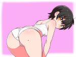  1girl ass bangs bent_over black_hair blush camisole commentary cougar_(cougar1404) cowboy_shot crotch_seam english_commentary from_behind leaning_forward looking_at_viewer looking_back mole mole_on_ass nari_(cougar1404) original panties purple_background short_hair solo standing underwear underwear_only white_camisole white_panties yellow_eyes 