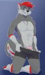  2022 anthro blue_eyes canid canine canis clothing digital_media_(artwork) domestic_dog eyebrows eyelashes fur grey_body grey_fur hair hi_res knot looking_at_viewer male mammal monstercheetah red_hair smile solo underwear 