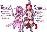  2017 animal_humanoid armor belt_accessory breasts cat_humanoid cat_tail collar duo felid felid_humanoid feline feline_humanoid female hair humanoid jinti_(artist) mammal mammal_humanoid melee_weapon pasties pink_hair polearm potion red_hair sabrith_ebonclaw tayelle_ebonclaw weapon 
