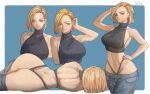  adjusting_hair android_18 artist_name ass asymmetrical_hair back bare_shoulders blonde_hair blue_eyes breasts collarbone crop_top cropped_sweater denim dragon_ball dragon_ball_z facing_away forehead gelldraws highleg highleg_panties highres huge_ass jeans large_breasts linea_alba looking_to_the_side lowleg lowleg_pants lying medium_hair midriff multiple_views muscular muscular_female no_bra on_side panties pants projected_inset ribbed_sweater shoulder_blades sidelocks simple_background sweater thong turtleneck turtleneck_crop_top underwear 