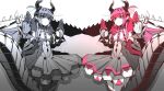  2girls arms_up bangs dragon_girl dragon_horns dragon_tail elizabeth_bathory_(fate) eyebrows_hidden_by_hair fate/grand_order fate_(series) grey_eyes grey_hair hair_between_eyes highres horns long_hair mecha_eli-chan_(fate) mecha_eli-chan_mk.ii_(fate) multiple_girls pandain red_eyes red_hair robot skirt tail 