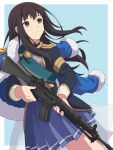  1girl absurdres assault_rifle black_hair black_jacket blue_coat blue_skirt closed_mouth coat coat_on_shoulders cowboy_shot gun highres holding holding_gun holding_weapon howa_type_89 inoue_takina jacket kuromahikaren long_hair long_sleeves looking_afar lycoris_recoil pleated_skirt purple_eyes rifle shoujo_kageki_revue_starlight shoujo_kageki_revue_starlight_-re_live- skirt solo weapon weapon_request 