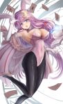  1girl absurdres book breasts card crescent crescent_hair_ornament floating floating_book floating_object hair_ornament highres holding holding_card long_hair namiki_(remiter00) open_book pantyhose paper patchouli_knowledge purple_hair solo touhou very_long_hair 