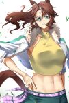  1girl absurdres animal_ears bangs blue_eyes brown_hair crop_top hair_between_eyes highres horse_ears jacket jacket_on_shoulders long_hair looking_at_viewer luna_(gkluna_mas) mejiro_palmer_(umamusume) midriff navel ponytail shirt sleeveless sleeveless_shirt solo stomach umamusume upper_body white_background white_jacket yellow_shirt 