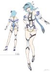  1girl adapted_costume bangs blue_hair breasts character_name cleavage commentary_request eula_(genshin_impact) genshin_impact hand_on_hip high_heels highres looking_at_viewer multiple_views navel open_mouth pokira solo standing vision_(genshin_impact) yellow_eyes 