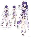  1girl adapted_costume bangs bird blush breasts character_name cleavage closed_mouth collarbone commentary_request full_body genshin_impact highres long_hair medium_breasts multiple_views pokira purple_eyes purple_hair raiden_shogun simple_background solo standing white_background 