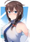  1girl absurdres ahoge blue_eyes blue_necktie blue_sky braid brown_hair cloud dress_shirt dyson_(edaokunnsaikouya) hair_flaps hair_ornament hair_over_shoulder highres kantai_collection long_hair looking_at_viewer necktie official_alternate_costume parted_lips shigure_(kancolle) shigure_kai_ni_(kancolle) shirt single_braid sky sleeveless sleeveless_shirt smile solo white_shirt 