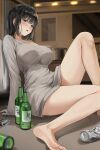  1girl absurdres bare_legs barefoot beer_can black_eyes black_hair bottle bottomless breasts can feet foot_out_of_frame grey_shirt highres indoors knee_up korean_commentary large_breasts light_particles lillly long_sleeves on_floor open_mouth original shirt short_hair sitting sleeves_past_wrists solo sweater thighs toes 