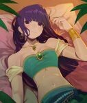  1girl arm_at_side bandeau bangs bare_shoulders bed blunt_bangs blunt_ends bracer breasts closed_mouth commentary crescent crescent_earrings crop_top earrings fingernails gem green_gemstone green_skirt green_tube_top hair_down hair_spread_out hand_up harem_outfit head_tilt highres indoors jewelry light_smile long_hair looking_at_viewer lostastronaut lying medium_breasts midriff navel necklace official_alternate_costume on_back on_bed pearl_(gemstone) pendant pillow plant purple_eyes purple_hair shoujo_kageki_revue_starlight sidelocks skirt solo stomach strapless tsuyuzaki_mahiru tube_top upper_body 
