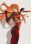  1girl blue_eyes bodysuit breasts eyepatch fadingz grey_background highres holding holding_polearm holding_weapon lance_of_longinus long_hair looking_at_viewer neon_genesis_evangelion orange_hair pixiv_id polearm rebuild_of_evangelion red_bodysuit shadow signature simple_background solo souryuu_asuka_langley weapon 