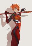  1girl alternate_hair_length alternate_hairstyle blue_eyes bodysuit breasts eyepatch fadingz grey_background highres holding holding_polearm holding_weapon lance_of_longinus looking_at_viewer neon_genesis_evangelion orange_hair pixiv_id polearm rebuild_of_evangelion red_bodysuit shadow short_hair signature simple_background solo souryuu_asuka_langley weapon 