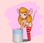  2017 anthro battery blue_eyes bra chip_&#039;n_dale_rescue_rangers clothing disney female gadget_hackwrench itsjustflesh legwear looking_up mammal mouse murid murine panties pattern_clothing pattern_legwear pattern_stockings pink_background purple_clothing purple_underwear rodent simple_background solo stockings striped_clothing striped_legwear striped_stockings stripes underwear 