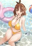  1girl atelier_(series) atelier_ryza ball bare_arms bare_legs bare_shoulders beachball bikini braid breasts brown_eyes brown_hair carcass_(artist) cleavage collarbone commentary_request hat highres innertube korean_commentary large_breasts looking_at_viewer medium_hair navel open_mouth reisalin_stout sitting smile solo swimsuit wet white_headwear yellow_bikini 