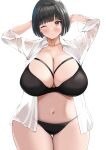  1girl absurdres arms_up bangs black_bra black_hair black_panties blunt_bangs bob_cut bra breasts brown_eyes cleavage closed_mouth collarbone collared_shirt cowboy_shot dress_shirt hair_ornament hairclip highres huge_breasts looking_at_viewer neneneji one_eye_closed open_clothes open_shirt original panties plump shirt short_hair simple_background solo standing stomach thigh_gap underwear white_background white_shirt 