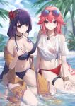  2girls animal_ears bangs bare_shoulders bikini bikini_under_clothes black_choker blurry blurry_background bracelet braid breasts choker cleavage closed_mouth clothing_cutout crop_top day earrings ebiri_fy eyewear_on_head floppy_ears flower fox_ears front-tie_top genshin_impact hair_between_eyes hair_flower hair_ornament halter_top halterneck hand_on_own_chest hand_on_own_thigh hand_up highres jewelry large_breasts long_hair looking_at_viewer medium_breasts mole mole_under_eye multiple_girls nail_polish navel necklace off_shoulder open_clothes open_shirt outdoors palm_tree parted_bangs parted_lips pink_hair purple_bikini purple_eyes purple_hair purple_nails raiden_shogun shallow_water shirt shoulder_cutout sidelocks single_braid sitting sitting_on_water smile stomach swimsuit thigh_strap thighs tied_shirt tinted_eyewear tree water white_shirt yae_miko yokozuwari 