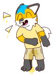  accident anthro bodily_fluids bottomwear canid canine clothed clothing fluffy fluffy_tail fox genital_fluids hi_res incontinence laugh male mammal red_fox shirt shorts solo t-shirt telegram_sticker toney_(toneysfluffybehind) toneysfluffybehind toony topwear urine watersports wetting 