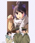  2boys 2girls animal_ears blue_scarf brown_eyes brown_hair cat_ears cellphone character_request closed_mouth dated drawn_ears drawn_whiskers hat holding holding_phone horikou looking_at_viewer military military_hat military_uniform multiple_boys multiple_girls parted_lips paw_pose phone picture_(object) scarf signature smartphone smile soldier soviet_army uniform yurucamp 