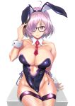  1girl animal_ears bangs bare_shoulders black-framed_eyewear black_leotard blush breasts center_opening cleavage closed_mouth collarbone detached_collar fake_animal_ears fate/grand_order fate_(series) fishnets glasses hair_over_one_eye highleg highleg_leotard highres large_breasts leotard light_purple_hair looking_at_viewer mash_kyrielight nenchi playboy_bunny purple_eyes rabbit_ears revision short_hair simple_background sitting smile solo thighs white_background wrist_cuffs 