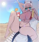  1girl ass beach black_horns breasts demon_girl demon_horns demon_tail glass helltaker highres horns justice_(helltaker) lotion nail_polish sand sky smile sucaciic sun sunglasses sunscreen swimsuit tail white_eyes white_hair 