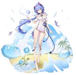  1girl absurdres ahoge bangs bare_legs bare_shoulders bell blue_flower blue_hair bug butterfly chinese_knot closed_mouth cowbell crossed_bangs dress flower full_body ganyu_(genshin_impact) genshin_impact goat_horns hair_between_eyes highres horns hyun9164 ice_crystal legs long_hair looking_at_viewer low_ponytail neck_bell orb palm_tree pelvic_curtain platform_footwear puffy_short_sleeves puffy_sleeves purple_eyes short_dress short_sleeves slime_(genshin_impact) smile socks solo standing standing_on_one_leg tassel thigh_strap tree vision_(genshin_impact) white_background white_dress white_footwear white_socks 