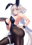  1girl animal_ears bangs black_leotard blush breasts covered_navel detached_collar fake_animal_ears fate/grand_order fate_(series) grey_hair highleg highleg_leotard highres jeanne_d&#039;arc_alter_(avenger)_(fate) jeanne_d&#039;arc_alter_(fate) large_breasts leotard long_hair looking_at_viewer nenchi pantyhose playboy_bunny rabbit_ears rabbit_tail smile solo tail tray very_long_hair wrist_cuffs yellow_eyes 