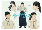  1girl bangs bare_shoulders black_hair blunt_bangs brown_vest collared_shirt dress hand_up hands_up highres holding holding_sword holding_weapon japanese_clothes kamo_kamen kimono long_hair multiple_views original ponytail school_uniform shirt short_sleeves sleeveless sleeveless_dress standing sword upper_body vest weapon white_dress white_shirt 