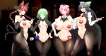  4girls animal_ears bangs black_hair black_panties black_wings braid breasts fake_animal_ears green_eyes green_hair hair_ribbon heart_pasties highres kaenbyou_rin komeiji_koishi komeiji_satori long_hair looking_at_viewer meme_attire multiple_girls pandain panties pasties pink_hair playboy_bunny rabbit_ears red_eyes red_hair reiuji_utsuho reverse_bunnysuit reverse_outfit ribbon short_hair smile standing touhou twintails underwear wings 