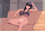  1girl barefoot black_hair black_tank_top braid breasts cellphone couch highres holding holding_phone hot indoors large_breasts long_hair on_couch original panties pepper0 phone sitting solo sweat tank_top toes twin_braids underwear white_panties 