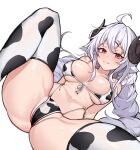  1girl :d absurdres ahoge animal_print bangs bare_shoulders bell bikini blush braid breasts breasts_apart cameltoe collarbone covered_nipples cow_print front-tie_bikini front-tie_top grey_hair hair_ornament hairclip highleg highleg_bikini highleg_swimsuit highres horns jingle_bell large_breasts long_hair looking_at_viewer lying navel on_back original parted_lips print_bikini print_thighhighs red_eyes ribbon sbbs side-tie_bikini simple_background skindentation smile solo spread_legs stomach swimsuit thighhighs twin_braids very_long_hair white_background white_ribbon 