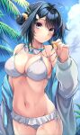  1girl absurdres ahoge arknights bangs bare_shoulders bikini black_hair blue_eyes blue_sky blush breasts cleavage cloud commentary cowboy_shot day goggles goggles_around_neck grey_jacket groin hand_up highres holding jacket la_pluma_(arknights) la_pluma_(summer_flowers)_(arknights) large_breasts looking_at_viewer nameko_houshi navel off_shoulder official_alternate_costume outdoors short_hair sky solo standing stomach swimsuit whistle white_bikini 