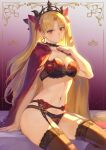  1girl :o arm_support blonde_hair blush bow bra cape choker collarbone earrings ereshkigal_(fate) fate/grand_order fate_(series) floral_print garter_belt hair_bow highres jewelry long_hair looking_at_viewer mashuu_(neko_no_oyashiro) navel red_bow red_eyes sitting solo thighhighs twintails underwear 