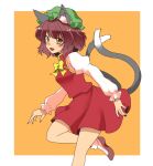  1girl :d \||/ animal_ear_fluff animal_ears blush bobby_socks border bow bowtie brown_hair cat_ears cat_tail chen earrings ellipsis_(mitei) fingernails foot_out_of_frame hat jewelry long_fingernails long_sleeves looking_at_viewer medium_hair multiple_tails nail_polish nekomata orange_background puffy_long_sleeves puffy_sleeves red_nails simple_background smile socks solo standing standing_on_one_leg tail touhou two_tails white_border yellow_bow yellow_bowtie 