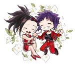  2girls black_hair black_shirt blush boku_no_hero_academia chibi closed_eyes coat floral_background flower grin high_heels jirou_kyouka multiple_girls pants red_coat red_pants shirt simple_background smile teeth upper_teeth vvvmung white_background yaoyorozu_momo 