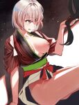  1girl absurdres bangs blonde_hair bottomless breasts closed_mouth hflat highres holding_another&#039;s_hair japanese_clothes kimono large_breasts lycoris_recoil nipples nishikigi_chisato one_breast_out red_eyes red_kimono red_ribbon ribbon short_hair short_kimono sleeves_rolled_up thighs tongue tongue_out 