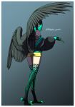  1girl absurdres ass bird_legs black_feathers black_hair black_wings claws colored_inner_hair feathered_wings feathers green_hair harpy highres jacket jacket_partially_removed looking_at_viewer medium_hair monster_girl multicolored_hair original scales shorts signature slit_pupils solo talons toipokun_oyashi wings yellow_eyes yellow_shorts 