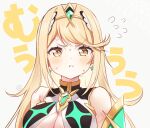  1girl :t bangs bare_shoulders blonde_hair blush breasts chest_jewel cleavage cleavage_cutout closed_mouth clothing_cutout dress earrings jewelry large_breasts long_hair looking_at_viewer mythra_(xenoblade) pout pouty_lips sephikowa solo sweat sweatdrop swept_bangs tiara tsundere xenoblade_chronicles_(series) xenoblade_chronicles_2 yellow_eyes 