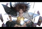  &gt;:) 1boy :d ball barefoot black_pants brown_eyes brown_hair buttons card crystal_ball danganronpa:_trigger_happy_havoc danganronpa_(series) dark-skinned_male dark_skin dreadlocks facial_hair floating floating_object gakuran glowing glowing_eyes hagakure_yasuhiro hand_on_own_thigh highres holding holding_ball imoni_(1110) incense indian_style jacket jacket_on_shoulders long_hair male_focus pants rug school_uniform shirt sitting smile solo stubble tarot unbuttoned unbuttoned_shirt v-shaped_eyebrows white_shirt yellow_shirt 