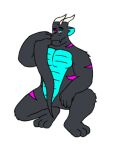  anthro belly blue_belly dark_body dark_skin dragon drew_the_mountain heterochromia low_res male markings neon pink_markings raised_tail solo 