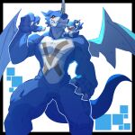  absurdres black_border blue_background border brown_eyes claws digimon digimon_(creature) digimon_adventure_02 exveemon feet_out_of_frame grin highres horns kaiju_(konokaijuda) no_humans one_eye_closed outline single_horn smile standing teeth v veemon white_background white_outline wings 