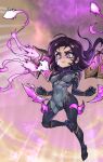  1girl bangs black_bodysuit bodysuit breasts clenched_hands detached_wings facial_mark floating_hair frown grey_bodysuit kai&#039;sa league_of_legends long_hair medium_breasts multicolored_background phantom_ix_row pink_eyes purple_hair rocket serious shiny shiny_hair solo wings 